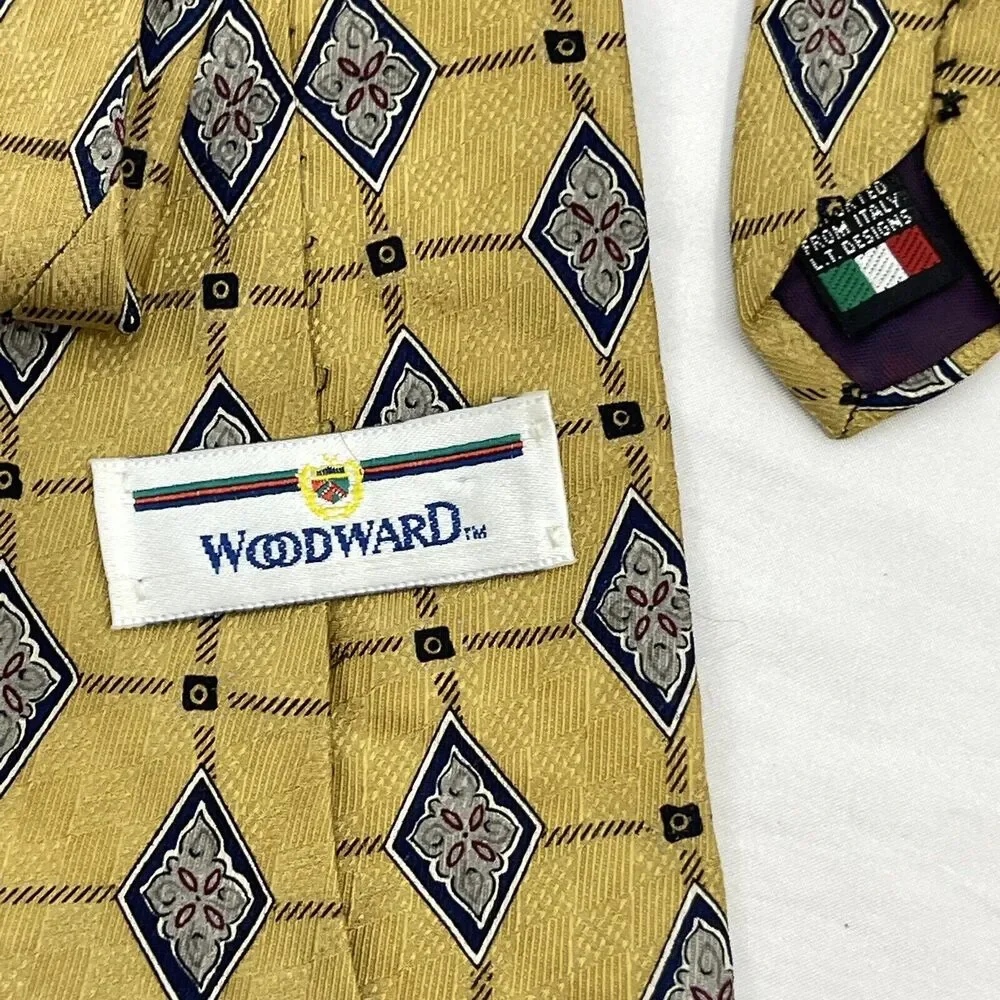 Woodward  Mens Necktie‎ Gold Geometric Print Tie 100% Silk 4